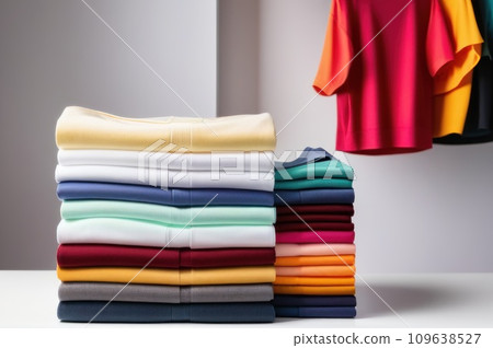 Cotton stack of colorful folded clothes on white table indoors empty space background. Household concept. Clean laundry pile.. AI Cotton stack of colorful folded clothes on white table indoors empty space background. Household concept. Clean laundry pile.. AI 109638527