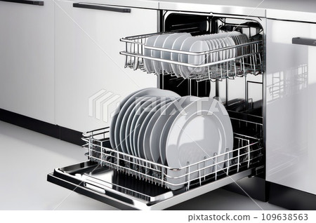 Dishwasher inside beautiful kitchen with white used dishes that prepared to wash. Electronic dish washer device in modern kitchen with white table top or cabinet and space. Housekeeping concept. AI Dishwasher inside beautiful kitchen with white used dishes that prepared to wash. Electronic dish washer device in modern kitchen with white table top or cabinet and space. Housekeeping concept. AI 109638563