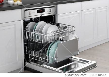 Dishwasher inside beautiful kitchen with white used dishes that prepared to wash. Electronic dish washer device in modern kitchen with white table top or cabinet and space. Housekeeping concept. AI Dishwasher inside beautiful kitchen with white used dishes that prepared to wash. Electronic dish washer device in modern kitchen with white table top or cabinet and space. Housekeeping concept. AI 109638564