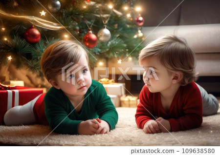 A children laying on Christmas eve under a decorated Christmas tree waiting for a gift. Family celebrates Christmas at home. A couple of kids laying next to each other under a christmas tree. AI A children laying on Christmas eve under a decorated Christmas tree waiting for a gift. Family celebrates Christmas at home. A couple of kids laying next to each other under a christmas tree. AI 109638580