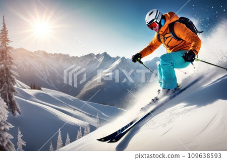 Snowboarder jumping in the snow mountains on the slope with his board and professional equipment on a sunny day. Snowboard rider jumping on mountains. Extreme freeride sport.. AI Snowboarder jumping in the snow mountains on the slope with his board and professional equipment on a sunny day. Snowboard rider jumping on mountains. Extreme freeride sport.. AI 109638593