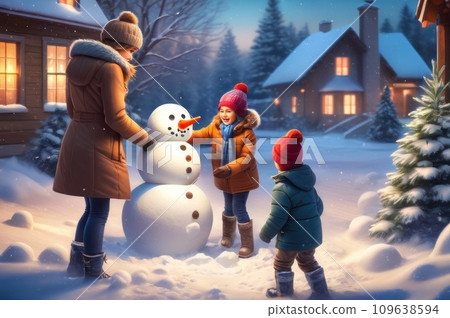 Happy Young Family Making Snowman in the Backyard of their Idyllic House. Mother with her children Puts Snowball together. Family Spending Time Together one Winter Evening. Christmas holiday concept. Happy Young Family Making Snowman in the Backyard of their Idyllic House. Mother with her children Puts Snowball together. Family Spending Time Together one Winter Evening. Christmas holiday concept. 109638594