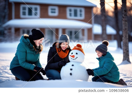 Happy Young Family Making Snowman in the Backyard of their Idyllic House. Mother with her children Puts Snowball together. Family Spending Time Together one Winter Evening. Christmas holiday concept. Happy Young Family Making Snowman in the Backyard of their Idyllic House. Mother with her children Puts Snowball together. Family Spending Time Together one Winter Evening. Christmas holiday concept. 109638606
