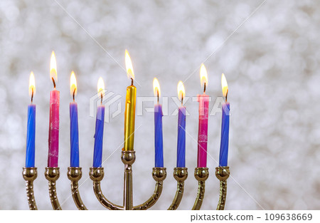 Jewish festival of lights holiday religion symbol Hanukkah Menorah lit candles Jewish festival of lights holiday religion symbol Hanukkah Menorah lit candles 109638669