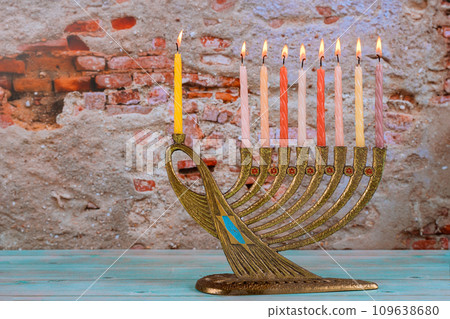 Hanukkiah Menorah as symbol of Jewish holiday Hanukkah Hanukkiah Menorah as symbol of Jewish holiday Hanukkah 109638680