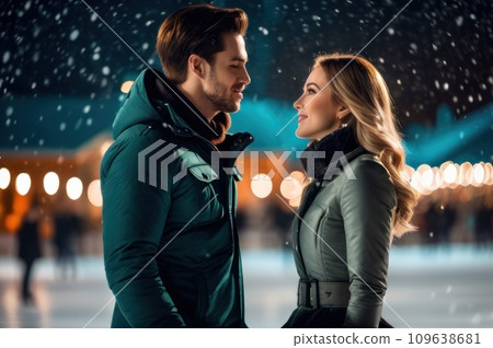 Young beautiful couple in love Caucasian man and beautiful woman have fun, active date ice skating on ice arena in evening city square in winter on Christmas Eve. Romantic night with lamps lights. AI 109638681