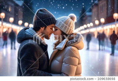 Young beautiful couple in love looking at each other and kissing. Caucasian man and beautiful woman active date ice skating on ice arena in evening winter on Christmas Eve. Romantic night. AI 109638698
