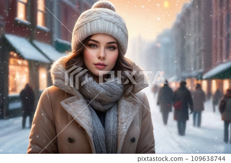 A woman wearing winter outfit stand in the snow on city street on christmas eve Young woman dressed in a winter coat, a gray wool hat and a knitted wool scarf. AI 109638744