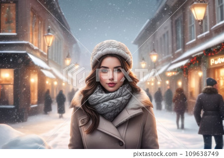 A woman wearing winter outfit stand in the snow on city street on christmas eve Young woman dressed in a winter coat, a gray wool hat and a knitted wool scarf. AI 109638749