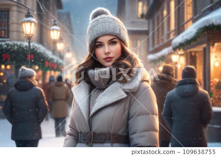 Happy woman on the background of street Christmas lights, Happy New Year, Merry Christmas, winter holiday, eve, walk through the city decorated with lights.. AI Happy woman on the background of street Christmas lights, Happy New Year, Merry Christmas, winter holiday, eve, walk through the city decorated with lights.. AI 109638755