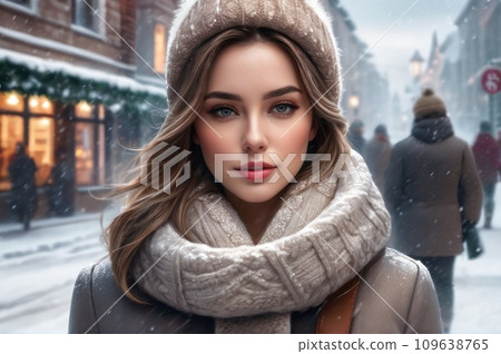 A woman wearing winter outfit whool scarf and grey hat stand in the snow on city street on christmas eve. Christmas and New Year holidays concept. AI 109638765