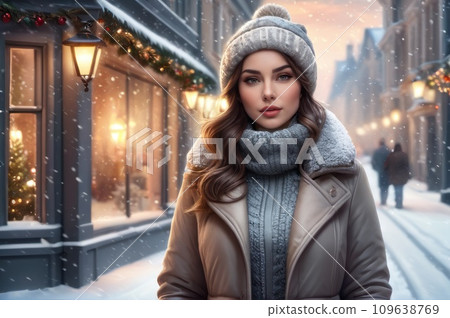 A woman wearing winter outfit whool scarf and grey hat stand in the snow on city street on christmas eve. Christmas and New Year holidays concept. AI 109638769