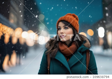 A happy woman wearing winter outfit stand in the snow on city street on christmas eve. Young woman dressed in a winter coat, a gray wool hat and a knitted wool scarf waiting Christmas magic. AI A happy woman wearing winter outfit stand in the snow on city street on christmas eve. Young woman dressed in a winter coat, a gray wool hat and a knitted wool scarf waiting Christmas magic. AI 109638794