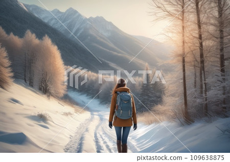 Happy woman tourist walking on the snowy trek on the forest mountain and look on the nice winter view in sunny cold day. Concept travel and freedom.. AI 109638875