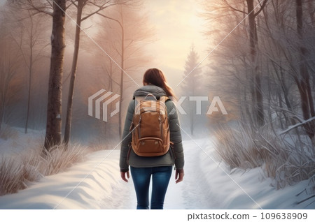 Happy woman tourist walking on the snowy trek on the forest mountain and look on the nice winter view in sunny cold day. Concept travel and freedom.. AI Happy woman tourist walking on the snowy trek on the forest mountain and look on the nice winter view in sunny cold day. Concept travel and freedom.. AI 109638909