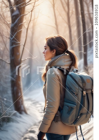 close up view of young woman with backpack walking on trail winter day. A girl in winter clothes in national park. Young female walks along snow-covered path. Healthy lifestyle in the fresh air.. AI 109638918