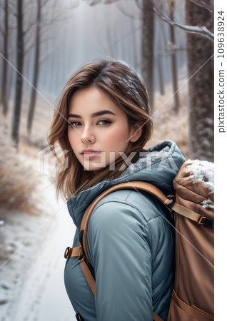 close up view of young woman with backpack walking on trail winter day. A girl in winter clothes in national park. Young female walks along snow-covered path. Healthy lifestyle in the fresh air.. AI close up view of young woman with backpack walking on trail winter day. A girl in winter clothes in national park. Young female walks along snow-covered path. Healthy lifestyle in the fresh air.. AI 109638924