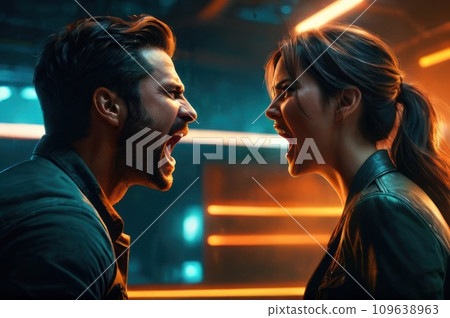 Young married couple violently fighting, wife and husband screaming at each other, heated argument. AI Young married couple violently fighting, wife and husband screaming at each other, heated argument. AI 109638963