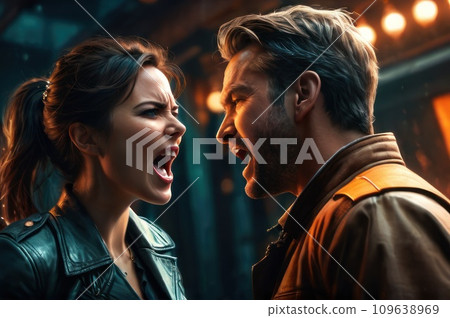 Young married couple violently fighting, wife and husband screaming at each other, heated argument. Domestic violence and family psychologist concept.. AI 109638969