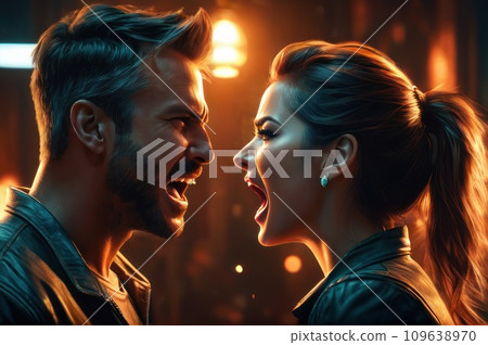 Young married couple violently fighting, wife and husband screaming at each other, heated argument. Domestic violence and family psychologist concept.. AI 109638970