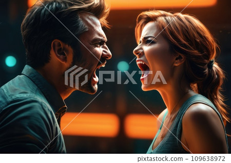Young married couple violently fighting, wife and husband screaming at each other, heated argument. Domestic violence and family psychologist concept.. AI Young married couple violently fighting, wife and husband screaming at each other, heated argument. Domestic violence and family psychologist concept.. AI 109638972