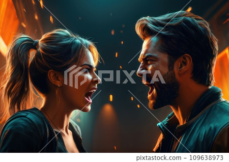 Young married couple violently fighting, wife and husband screaming at each other, heated argument. Domestic violence and family psychologist concept.. AI Young married couple violently fighting, wife and husband screaming at each other, heated argument. Domestic violence and family psychologist concept.. AI 109638973