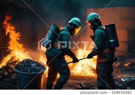 Workers in protective clothing are burning trash. A working man in a gas mask against the backdrop of burning garbage. A lot of plastic bags thrown to the dump. From the plastic debris goes smoke. AI 109638982
