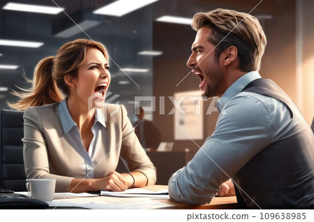 Furious Man Yells At Angry Woman. Loud Quarrel At Working Place. Angry Colleges In A Rage And Screaming At Each Other. Portrait. Unhealthy Working Environment. Business harrasment. AI 109638985