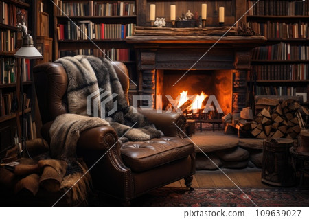 A cozy library with a fireplace and shelves of old books. A sense of nostalgia and intellectual calm. A cozy library with a fireplace and shelves of old books. A sense of nostalgia and intellectual calm. 109639027