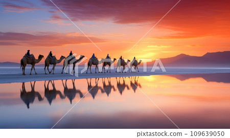 Caravan of camels on the salt lake at sunrise. 109639050