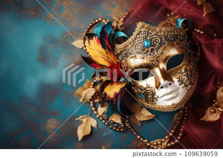 Festive venetian carnival mask on gray background, new year celebration 109639059