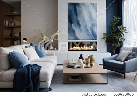 Gas fireplace in a modern cozy living room 109639060