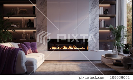 Gas fireplace in a modern cozy living room 109639061