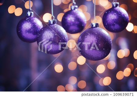 Christmas decorations with purple christmas balls and place for text. Christmas decorations with purple christmas balls and place for text. 109639071