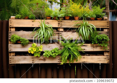 Recycled pallets with hanging plants creating a vertical garden 109639072