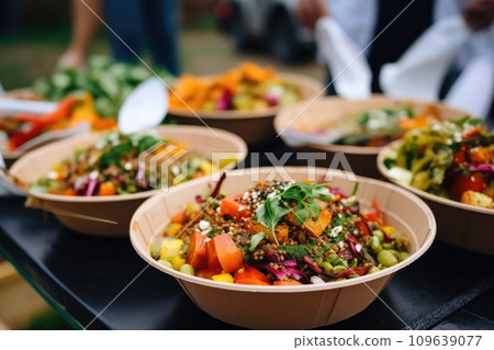 Street food festival, catering service. Vegetable salads in paper plates sold outdoors at market place Street food festival, catering service. Vegetable salads in paper plates sold outdoors at market place 109639077