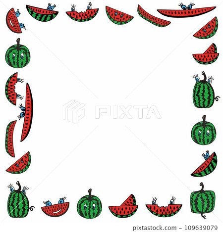 Vector cartoon style greeting card, square frame illustration with doodle style watermelons. 109639079