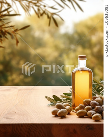 Old wooden product display table with natural green olive field and olive oil Old wooden product display table with natural green olive field and olive oil 109639083