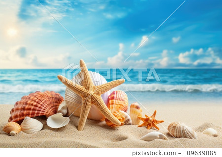 Beach scene concept with sea shells and starfish. Beach scene concept with sea shells and starfish. 109639085