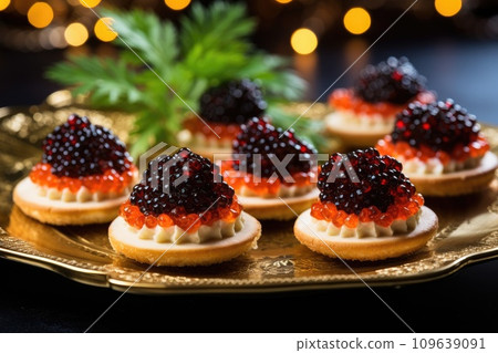 Black and red fish caviar. Canapes with caviar Black and red fish caviar. Canapes with caviar 109639091