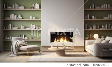 Gas fireplace in a modern cozy living room 109639129