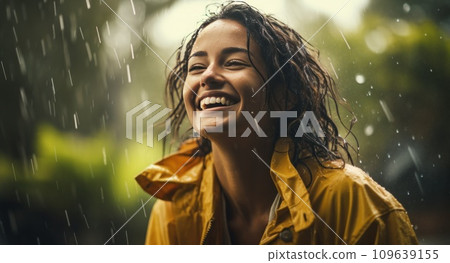 smiling lady in rain laughing in the background smiling lady in rain laughing in the background 109639155