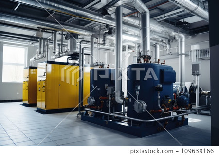 Modern boiler room with gas boilers, industrial heating. 109639166