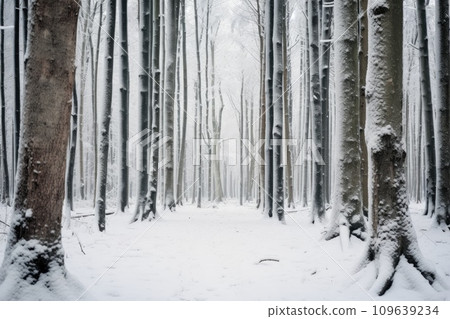 Tree trunks in dense snowy forest in winter. Tree trunks in dense snowy forest in winter. 109639234