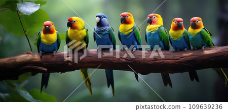 Tropical birds sitting on a tree branch in the rainforest 109639236
