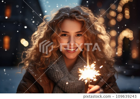 Young woman holding a sparkler in the Christmas season 109639243