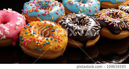 the glazed and sprinkled doughnuts close up 109639385