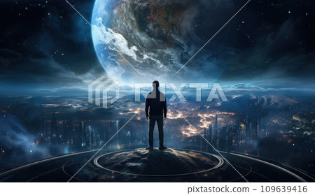 man standing on the earth looking at earth from space 109639416