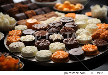 many chocolates are displayed on a table 109639440