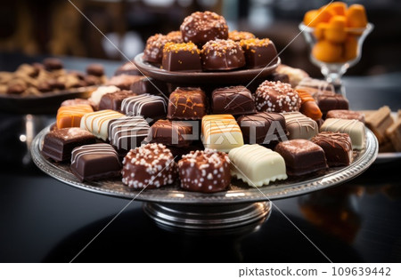 many chocolates are displayed on a table 109639442